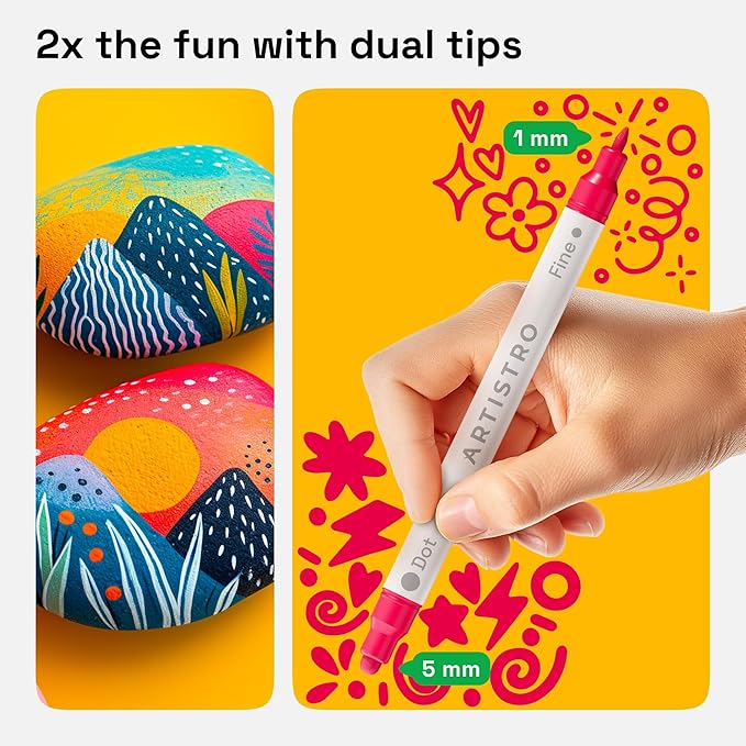 ARTISTRO Vibrant Acrylic Paint Markers for Glass, Rock, Fabric, Wood, Paper, Ceramic, Canvas & More - 12 Dual-Tip Paint Pens (Dot & Fine)