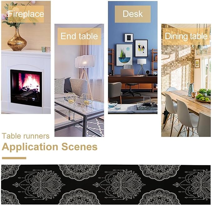Lotus Flower Table Runner, Bohemian Ethnic Oriental Mandala Black White Floral Print Table Runner for Home Kitchen Dining Indoor Outdoor Dinner Party Decor, 13x36inch
