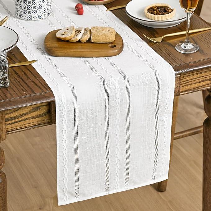 Artoid Mode Rustic Cotton Linen Table Runner, Seasonal Embroidered Hollow Kitchen Dining Table Decoration for Home Party Decor 13x72 Inch