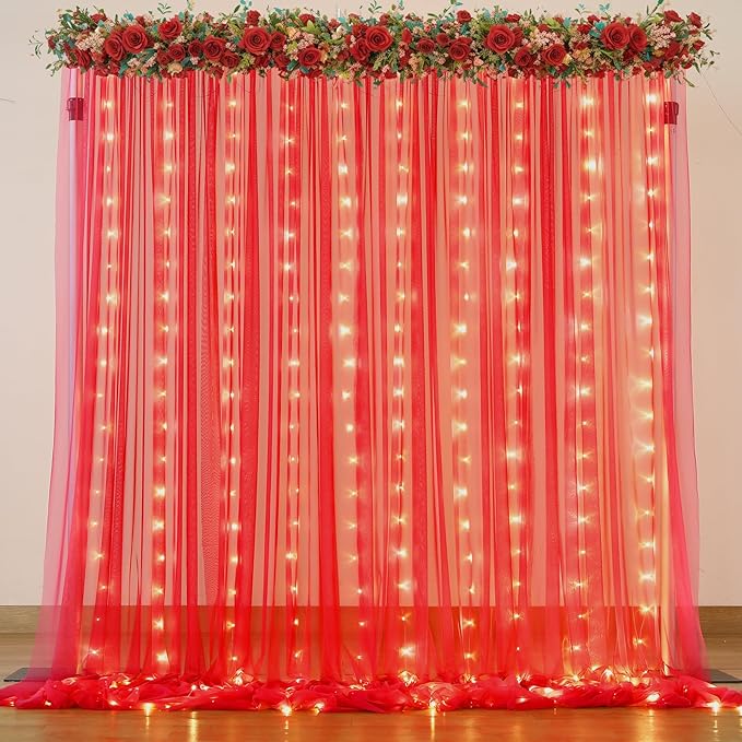 Red Tulle Backdrop Curtain with Lights String for Parites 10x8ft Red Sheer Backdrop Curtains Drapes for Birthday Party Bridal Shower Baby Shower Christmas Wall Photo Booth Background Decorations