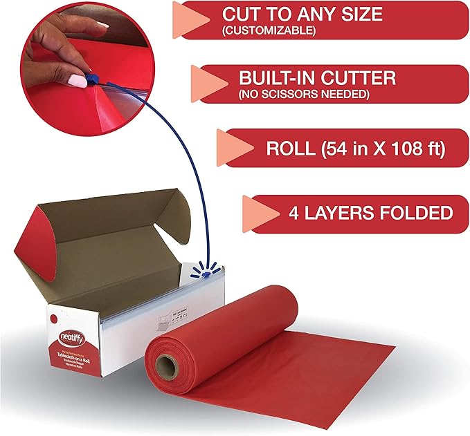 Tablecover Roll, Red Plastic, 54 x 1296 Inches, Disposable