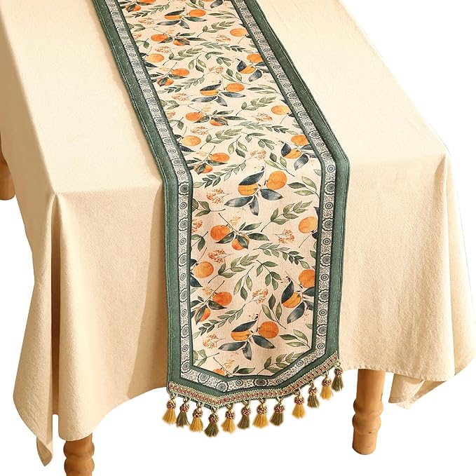 patdrea Designer Vintage Fresh Farmhouse Extra Long Linen Table Runner 118 Inch Long, Green and Orange Pattern Table Mat, Decor for Kitchen Dining Table Coffee Table Cabinet Christmas,16"*118"