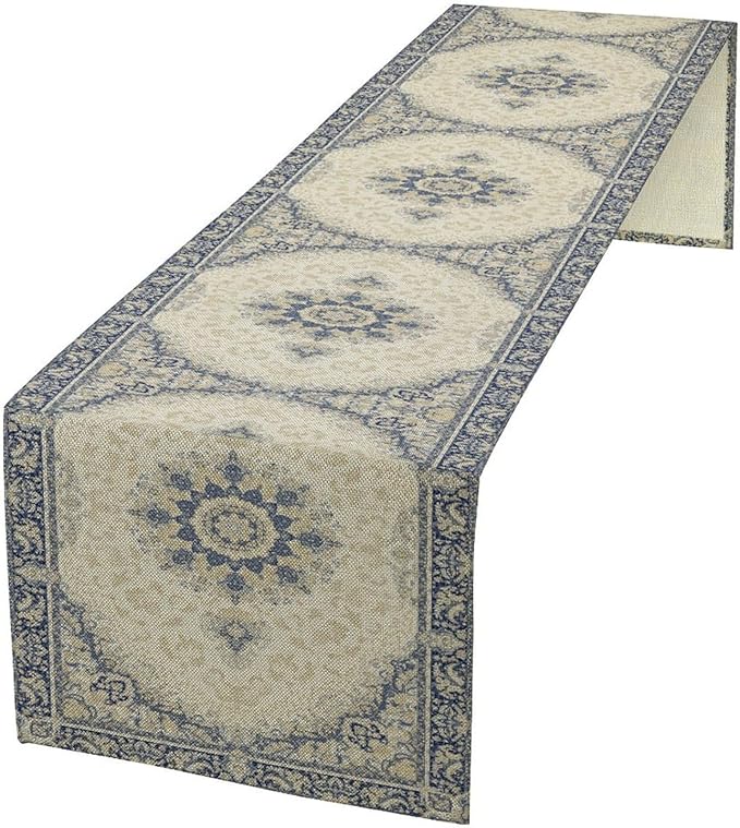 Boho Bohemia Style Table Runner, Vintage Blue Gold Retro Flower Rustic Country Style Floral Print Pattern for Home Kitchen Table Decor Dining Coffee Room Garden Party Decor 13x120in