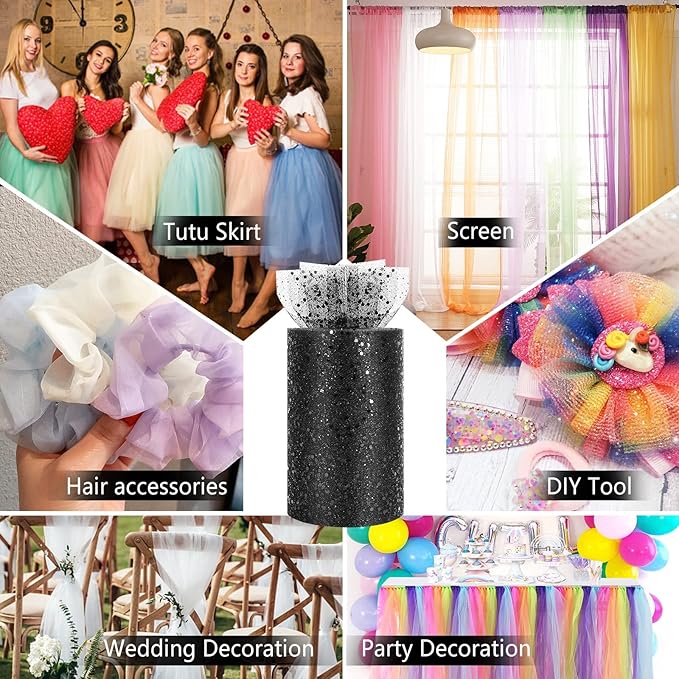 Glitter Tulle Rolls, 6” by 50 Yards (150FT) Sparkling Tulle Spool Ribbon Sequin Tulle Netting Fabric for Tutu Skirt Wedding Birthday Baby Shower (Black)