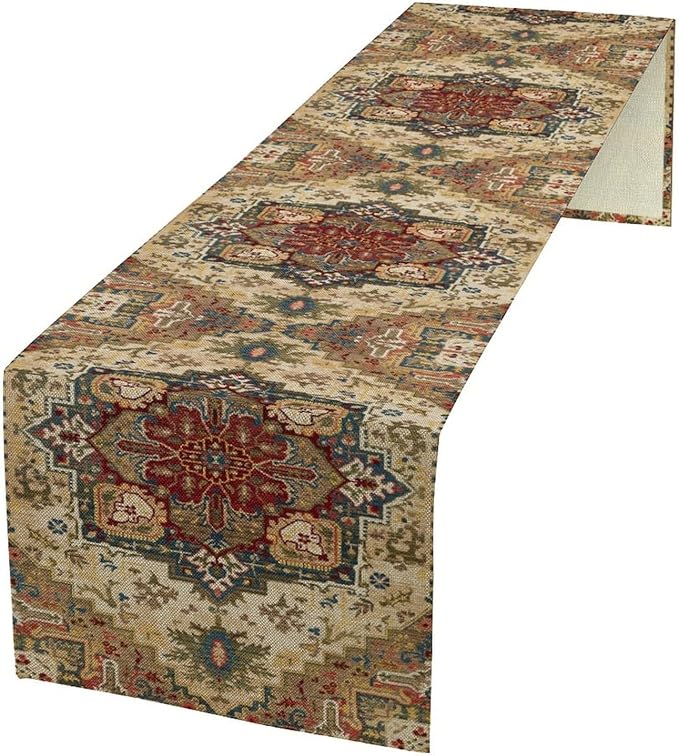 Boho Bohemia Style Table Runner, Vintage Yellow Brown Retro Flower Rustic Country Style Floral Print Pattern for Home Kitchen Table Decor Dining Coffee Room Garden Party Decor 13x36in