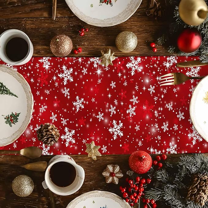 Christmas Snowflakes Cotton Linen Table Runner for Dining Kitchen, Red Xmas Winter Snow Wedding Outdoor Party Tablerunners Decoration, New Year Dresser Scarf Coffee Tablecloth Runners 13x48 Inches