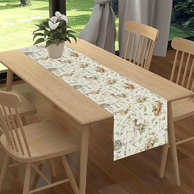 Rustic Woodland Table Runner, Farmhouse Forest Animals Country Lodge Wild Hunt Deer Rabbits Table Center Decor for Home Kitchen Dining Patio Holiday Party Indoor Table Decorations, 13"x72" Inch