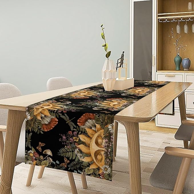 Sun Moon Table Runner, Bohomian Mushroom Daisy Table Gothic Dragonly Butterfly Table Center Decor Table Runner for Indoor Outdoor Party Kitchen Dinner Black, 13x70 Inch