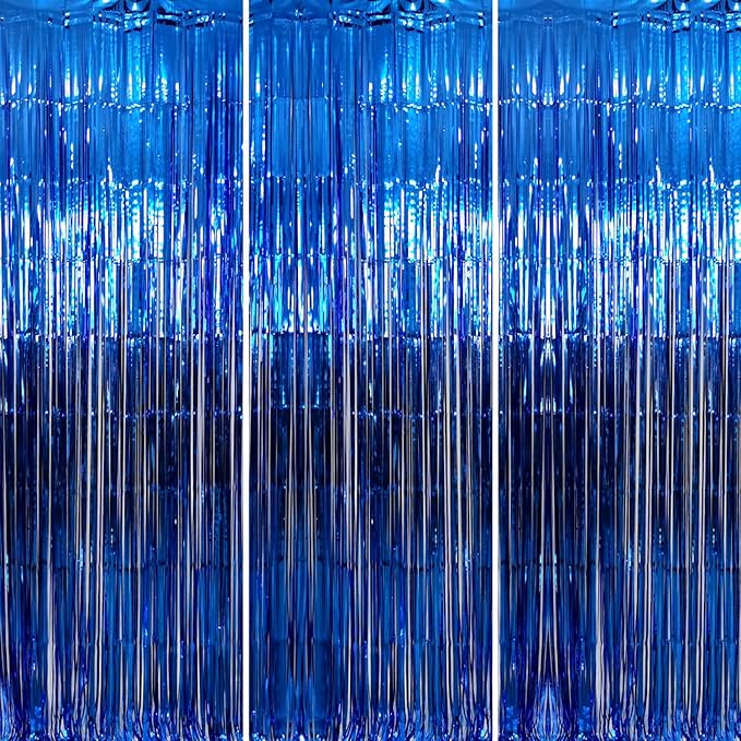 GOER 3.2 ft x 9.8 ft Metallic Tinsel Foil Fringe Curtains Party Photo Backdrop Party Streamers for Birthday,Graduation,New Year Eve Decorations Wedding Decor (Navy Blue,3 pcs)
