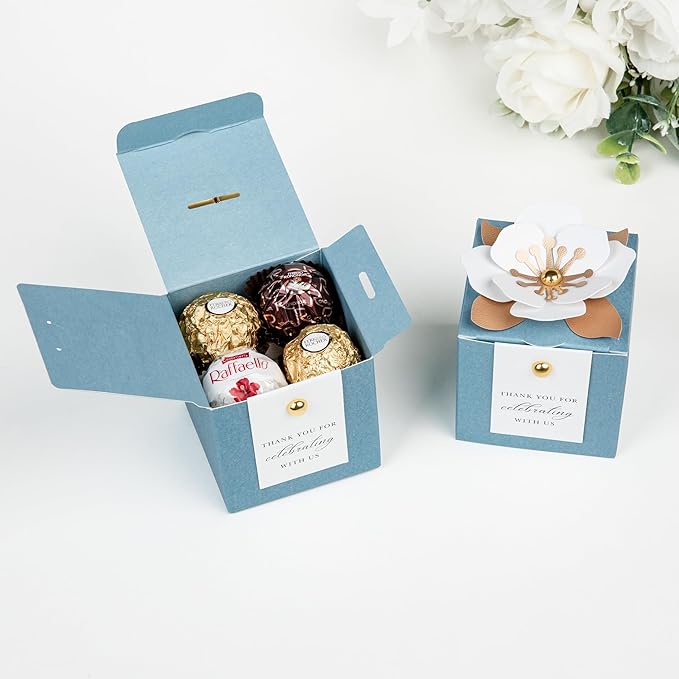 Gift Boxes, 20 Pack Dusty Blue Floral Favor Containers with Thank You Tags