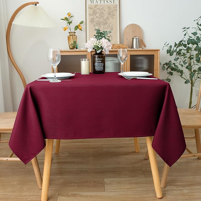 Biscaynebay Textured Fabric Christmas Square Table Cloth 60x60 Square, Burgundy Water Resistant Tablecloths for Dining, Kitchen, Wedding, Parties etc. Machine Washable