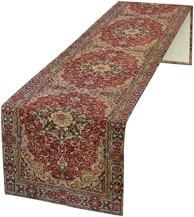 Vintage Boho Floral Table Runner, Rustic Country Farmhouse Red Gold Bohemia Flower Pattern for Home Kitchen Table Decor Dining Coffee Room Party Decor 13x36in