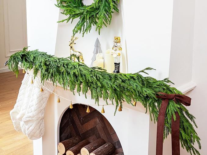 Garland with Dark Green Norfolk Pine Needles, 6 Ft Realistic Christmas Decor