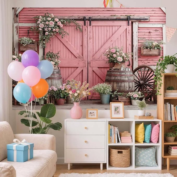 15x10ft Country Wedding Pink Photography Backdrop Rustic Wooden Door Photography Backdrop Farmhouse Flower Western Girl Birthday Baby Shower Wedding Bridal Party Banner Photo Booth Props Background