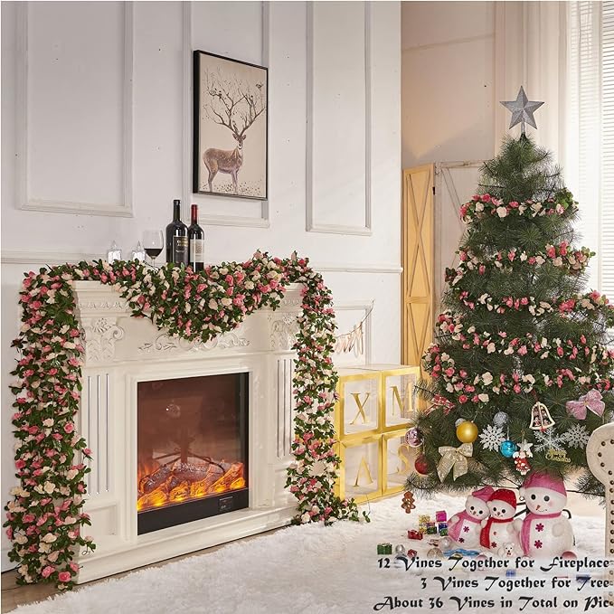 8 Pcs x 8.2 ft Flower Garland Artificial Rose Vine Flowers with Green Leaves Hanging Fake Roses Vine for Room Party Home Wedding Birthday Christmas Wall Arch Decor, Spring Pink Flower