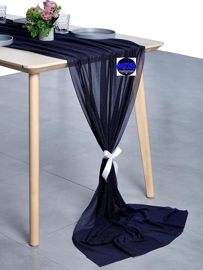 MDS 5 Pack 10ft Chiffon Table Runner 29 x 120 Inches Sheer Wedding Runner Romantic Rustic Table Runner for Wedding Decorations, Birthday Parties, Bridal Shower Party Arch Decor - Navy Blue