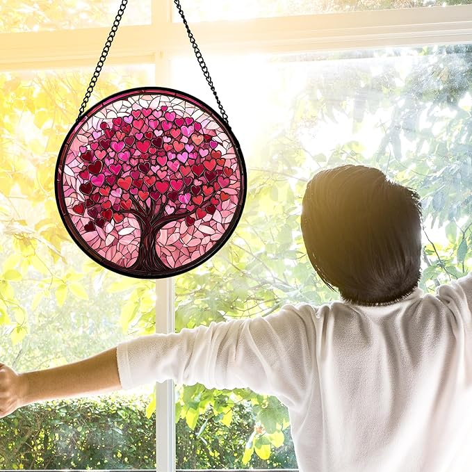 Stained Glass Window Hanging, Pink Love Tree of Life Sun Catchers Colorful Glass Panel Suncatcher Decor for Birthday for Women, Men, Wife, Lovers, and Mom 9.8 in