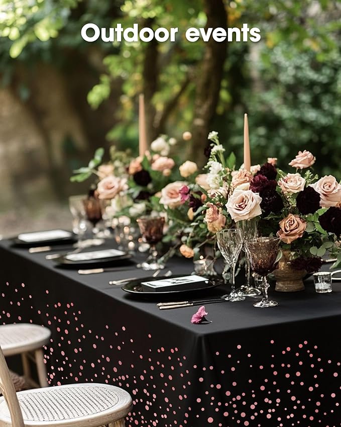 Pureegg Plastic Table Cloth Disposable 10 Pack, 54 x 108 Inch Table Cloths, Graduation Decorations of 2025, Graduation Tablecloths, Rectangle, Plastic Cover, Leakproof & Sturdy, Black and Rose Gold