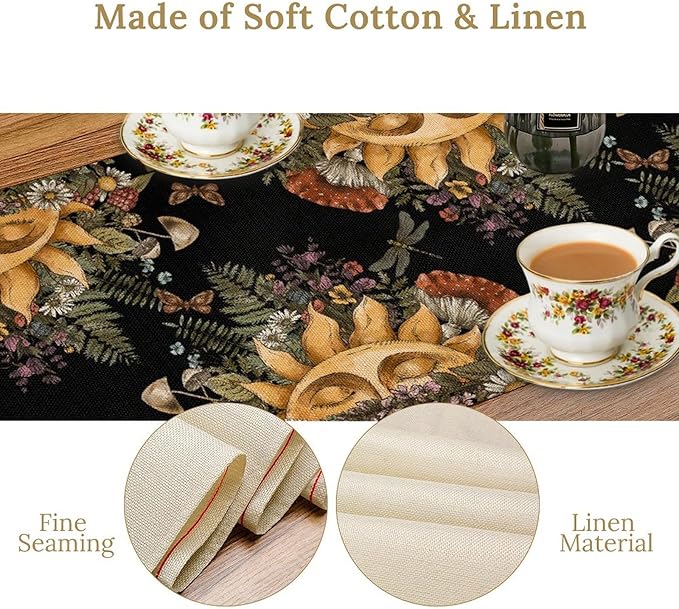 Sun Moon Table Runner, Bohomian Mushroom Daisy Table Gothic Dragonly Butterfly Table Center Decor Table Runner for Indoor Outdoor Party Kitchen Dinner Black, 13x70 Inch
