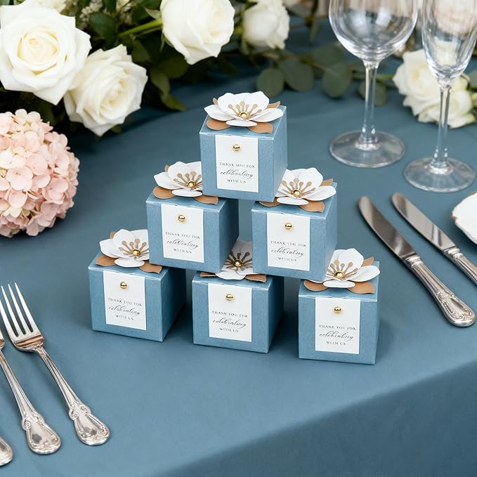 Gift Boxes, 20 Pack Dusty Blue Floral Favor Containers with Thank You Tags