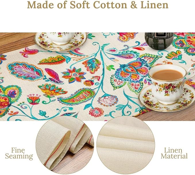 Paisley Table Runner, Watercolor Floral Oriental Indian Traditional Tulips Leaves Bohemian Paisley Print Table Runner for Kitchen Dining Tables Party Decor, 13x120inch