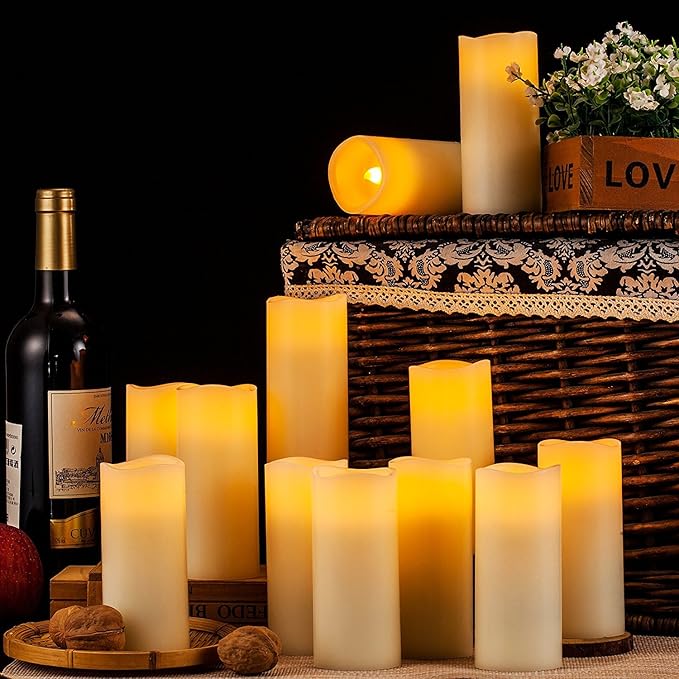 Flameless Candles Flickering LED Candles Set of 12 (D:2.2" X H:5") Ivory Real Wax Pillar Battery Opeated Candles with 10-Key Remote and Cycling 24 Hours Timer