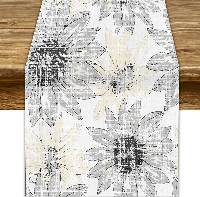 Chrysanthemum Vintage Floral Table Runner, Elegant Grunge Green Sunflower Spring Summer Elegant Pattern Artichokes Flower Table Runner for Party Kitchen Dining Living Room Decor, 13x90 Inch