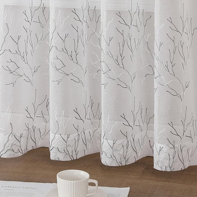 VISIONTEX Sheer Curtains 95 inch Length 2 Panels Set, Decorative Grey Coral Embroidery, Rod Pocket Embroidered Window Drapes for Living Room and Bedroom, 54" x 95"