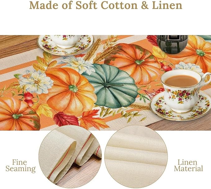 Autumn Table Runner,Orange Pumpkin Flowers Leaves Fall Table Runners Seasonal Kitchen Dining Table Decor for Thanksgiving Harvest Home Holiday Party 13x90 Inch