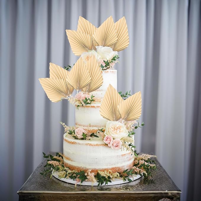 Ephlyn 6Pcs Paper Palm Fan Cake Topper Palm Spear Leaves Fan Cake Pick for DIY Craft Project Bridal Shower Wedding Bridal Shower Birthday Anniversary Party Cake Decorations Khaki