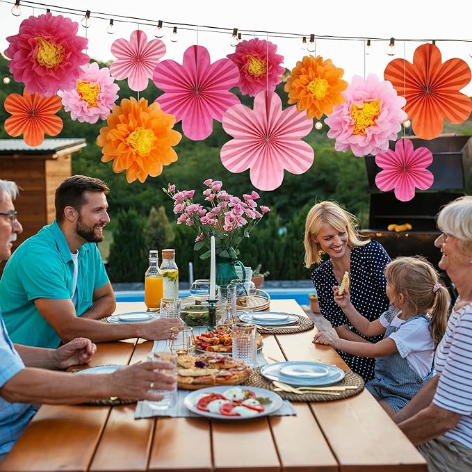 Paper Fan Party Decorations, 12 Pack, Orange and Hot Pink
