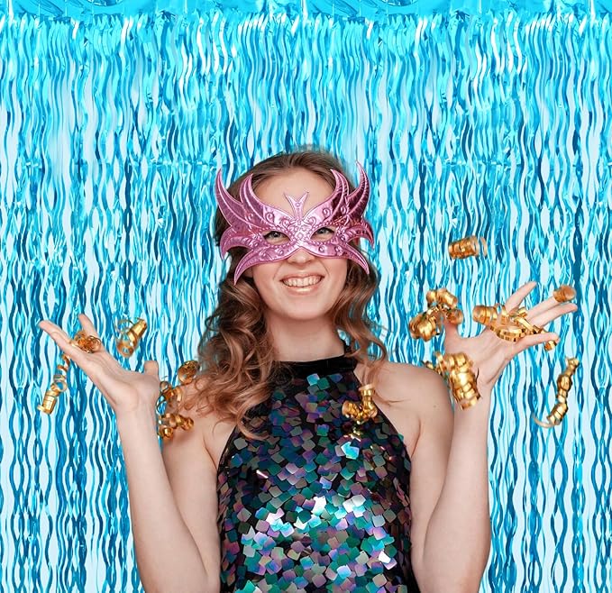 Goer Metallic Tinsel Foil Fringe Curtains for Party Photo Backdrop Wedding Decor (3 Pcs,Wavy Light Blue)