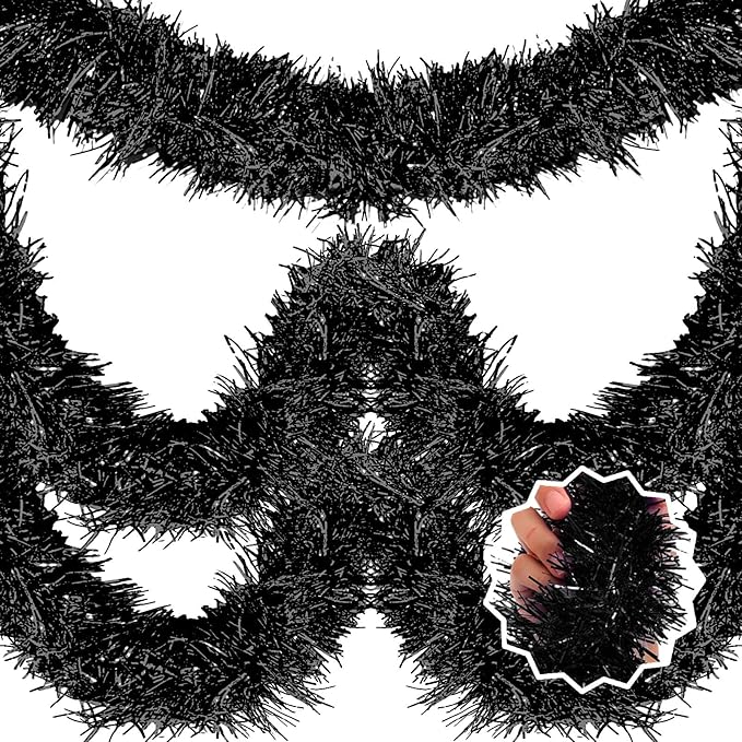 50 Feet Black Christmas Tinsel Garland, Metallic Foil Twist Banner Wall Hanging Tinsel Streamers Backdrop for Parade Floats, Christmas, Mother's Day, Birthday Party Decorations(2in x 50ft)