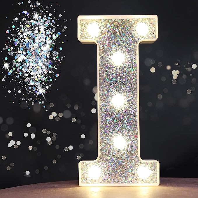 Pooqla Light Up Letters, LED Marquee Letters for Silver Birthday Decorations, Battery Powered Night Light Teenager Girl Room Decor, Gift for Girls Boys Wedding Bedroom Christmas Party Decor, Letter I