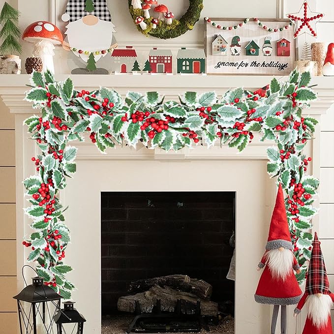 MAKHOT 6Ft Eucalyptus Garland, Green Leaves Wreath Vines Garlands Decorations, Artificial Red Berry Garland for Fireplace Gate Mantle Table Home Party Decor