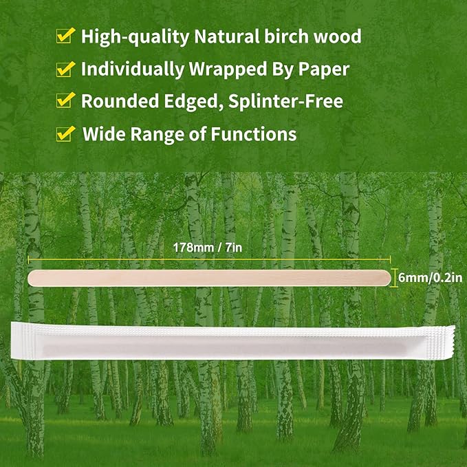 500pcs Individually Wrapped Coffee Stirrers Wood - 7" Coffee Stir Sticks, Round End Disposable coffee stirrer, For Coffee, Cocktail and Hot Drinks