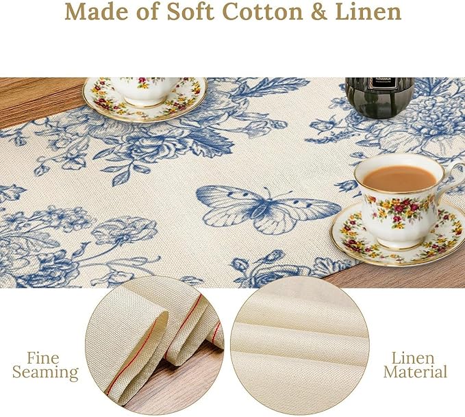 Monochrome Sketch Flowers Table Runner, Seasonal Spring Fall Plants Blue Florals Butterfly Dinner Runner for Home Kitchen Dining Table Party Holiday Decoration 13"x120"