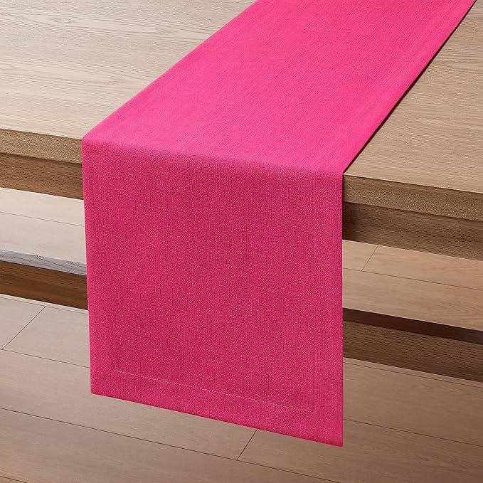 ZeeMart Linen Textured Border Table Runner, 14 x 48 Inch Hot Pink, Farmhouse Style Pink Table Runners 48 Inches Long, Easy Care Everyday Polyester Table Runner