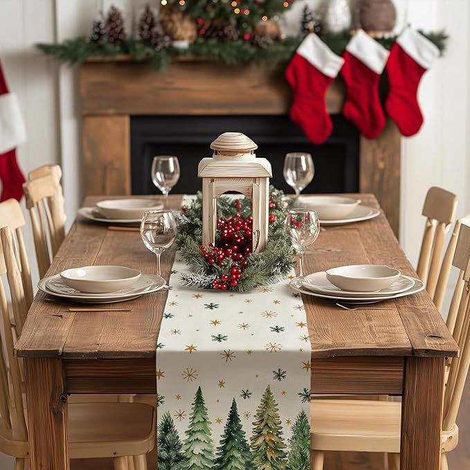GEEORY Christmas Table Runner 13x90 Inch, Xmas Tees Snowflakes Holiday Decorative Farmhouse Table Decoration for Kitchen Dinning, Indoor Outdoor Dinner Party Decor (Light Green) GT166-90