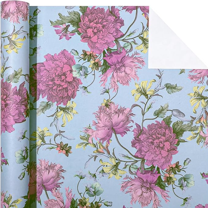 WRAPAHOLIC Kraft Floral Wrapping Paper Roll - Mini Roll - 17 Inch x 16.5 Feet - Vintage Flower Wrapping Paper Perfect for Wedding, Birthday, Bridal Shower, Tea Party