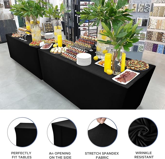 Nasitos Black Fitted Table Covers for 5 Foot Tables - 60 x 30 Inch - 4 Pack Stretch Spandex Rectangle Table Clothes, Fabric Tablecloths for Parties, Trade Show, Craft Show, Birthday