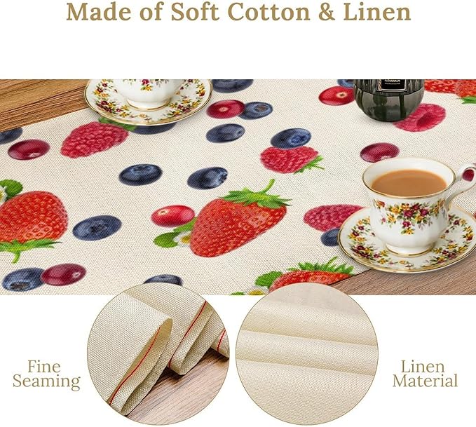 Strawberry Table Runner Spring Summer Fruit Wild Berry Forest Garden Dinner Runner for Farmhouse Party Holiday Home Kitchen Dining Table Decor 13x60