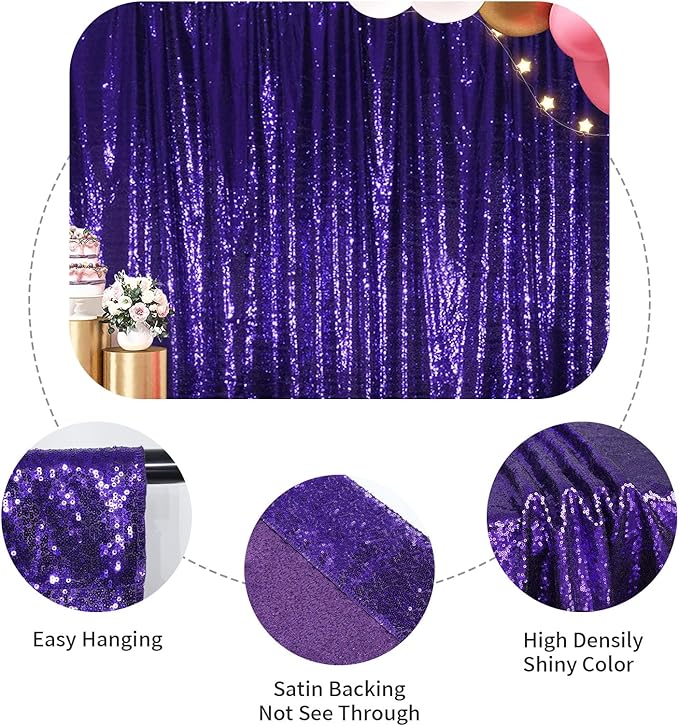 SquarePie Sequin Backdrop Less Transparent Background Sparkly Curtain for Wedding Halloween Party 8FT x 8FT Purple