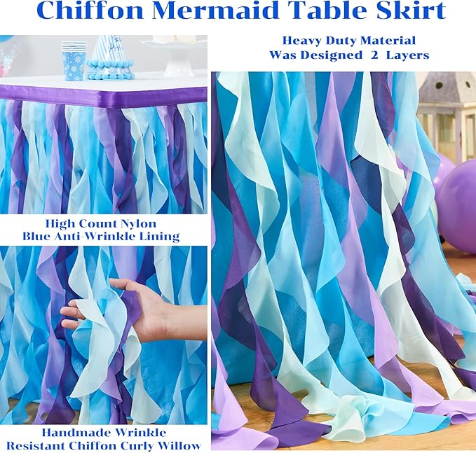 Partisky Mermaid Tulle Tutu Ruffle Curly Willow Table Skirt for Rectangle Table 14ft, Mermaid Themed Party Table Cloth for Girls Birthday Party or Baby Shower