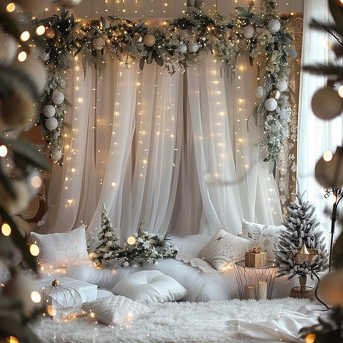 Fomcet Tulle Backdrop Curtains White 20FT X 10FT Tulle Curtains with Lights String Sheer Backdrop Curtain for Parties Wedding Baby Shower Photo Shoot Decorations (4 Panels 5 x 10FT)