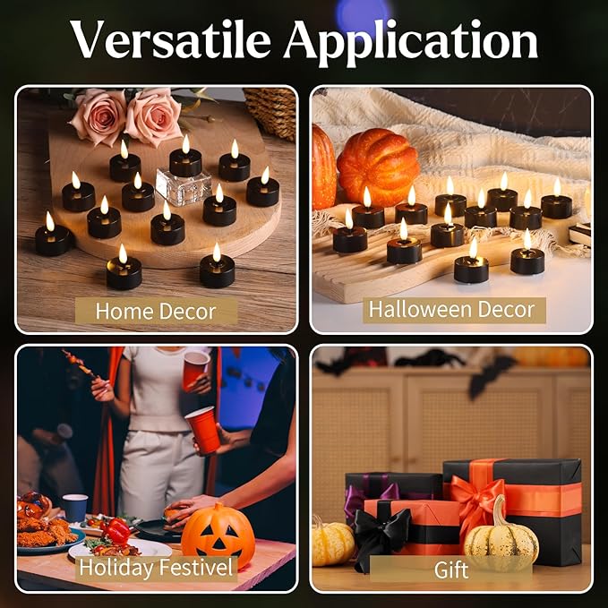Flameless Tealight Candles, Black with Warm White LED Glow and Timer