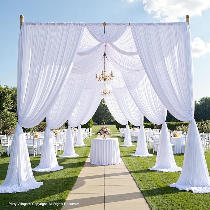 PartyVillage 60ft×15ft White Backdrop Curtain for Wedding Parties, 12 Panels Wrinkle Free 15 FT Long Polyester Photo Backdrop Drapes Back Drop Cloth for Birthday Photography Background