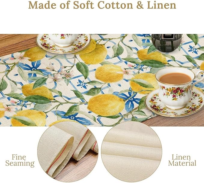 Lemon Table Runner,Watercolor Fruit Green Leaves Spring Summer Table Cloth Kitchen Dining Table Home Party Decoration 13x72 Inch