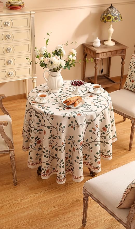 ISAENNE Designer Floral Round Tablecloth,French Linen Light Beige Indoor Table Cloth,Fall Wrinkle Resistant Decor Tablecloths for Dining Thanksgiving Kitchen Party,Diameter 67"-Flora A