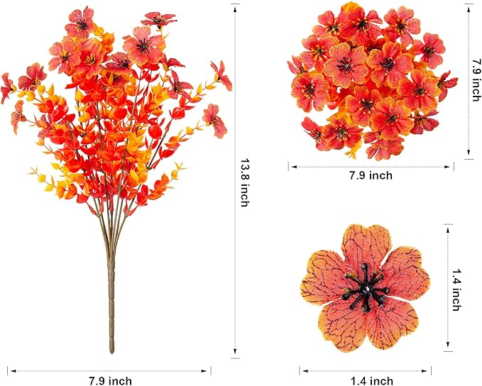 HyeFlora Artificial Fall Flowers Faux Mums for Outdoor Indoor Garden Home Decoration, Faux Flower Daisy with Eucalyptus Leaves Fake Plants Greenery Boxwood Porch Patio, 12 Bundles (Sunset)